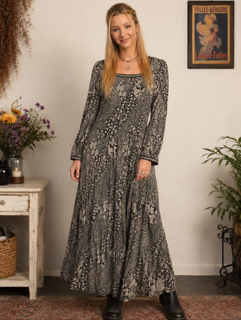 Sarah Elizabeth Black Cream Floral Maxi Dress Size 12 Boho Cottagecore Vintage